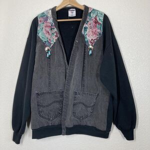 Vintage Custom Made Jerzees Jacket XL Gray Denim Floral Western Beaded USA 90s